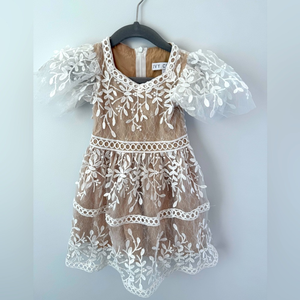 Ivy City Co Beige Dress with White Lace Overlay